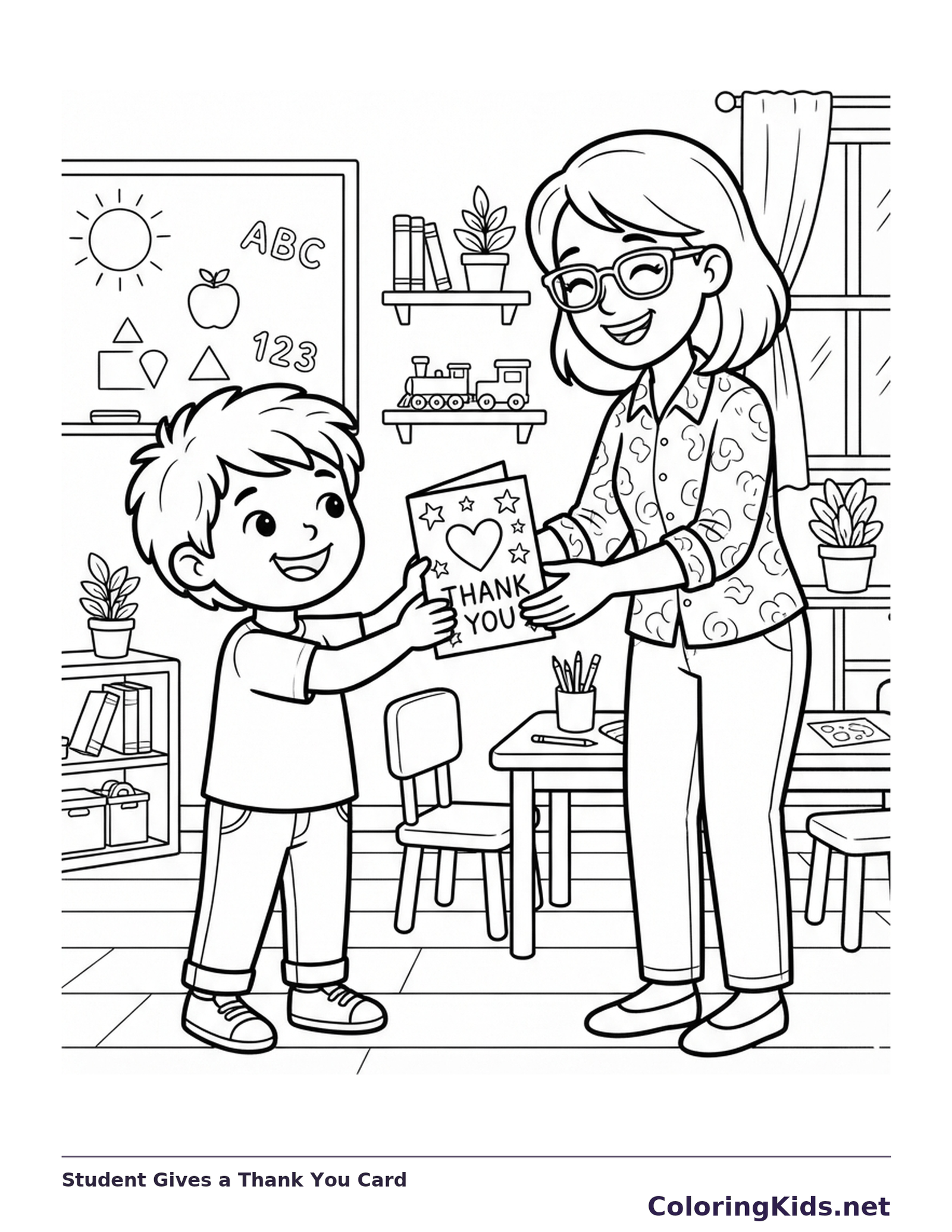 Child handing a thank you card to teacher in a classroom