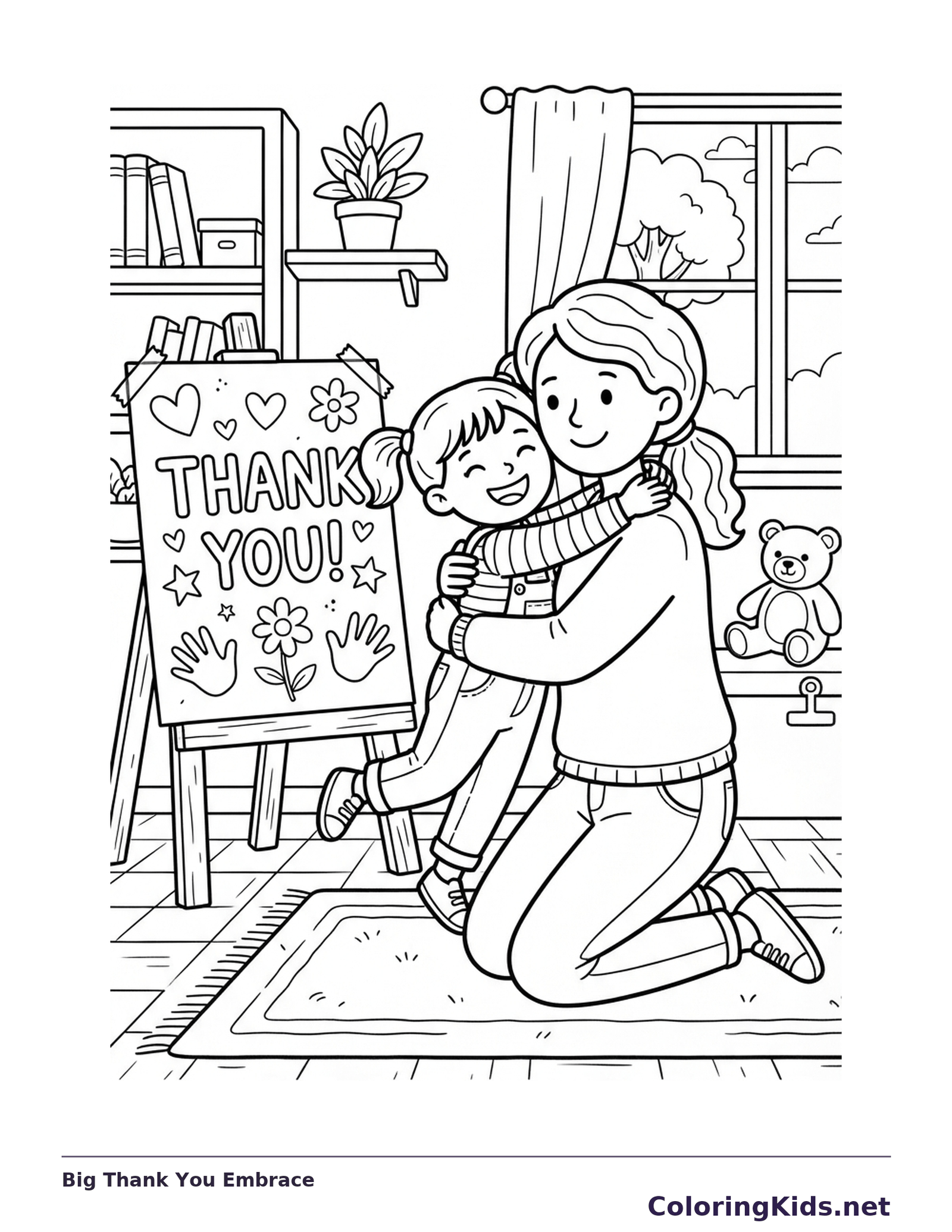 Black and white coloring page of an adult kneeling to hug a child beside a decorated thank you poster