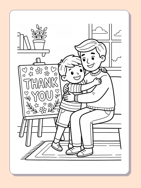 Child hugging grown-up on sofa beside a THANK YOU poster