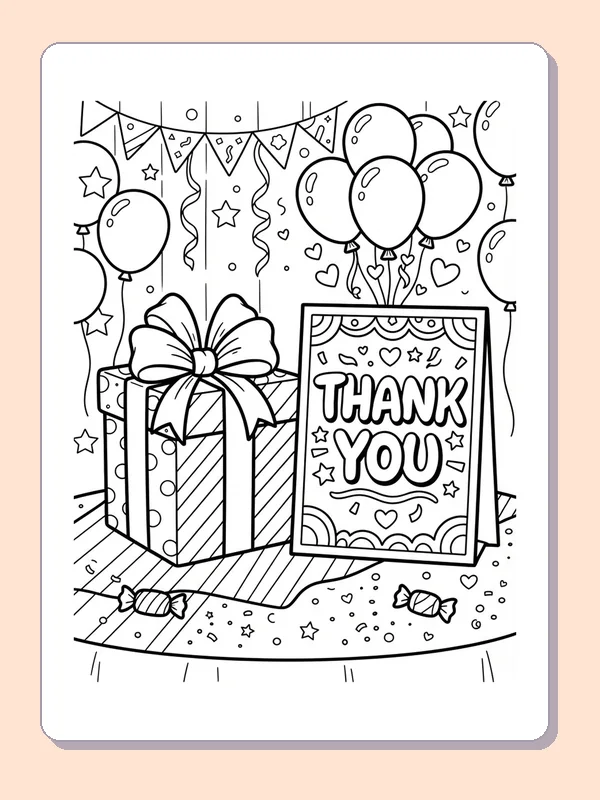 Black and white coloring page of a wrapped present beside a framed thank you message and party decorations