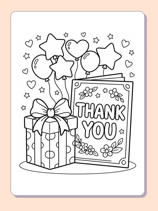 Wrapped gift with bow beside a THANK YOU card and balloons