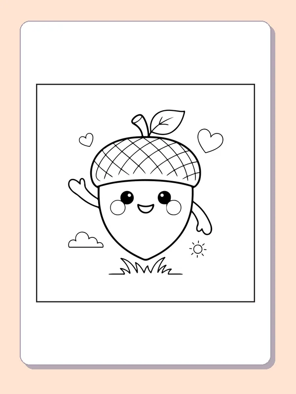 Acorn with hearts coloring page with black and white outlines for printing or coloring online