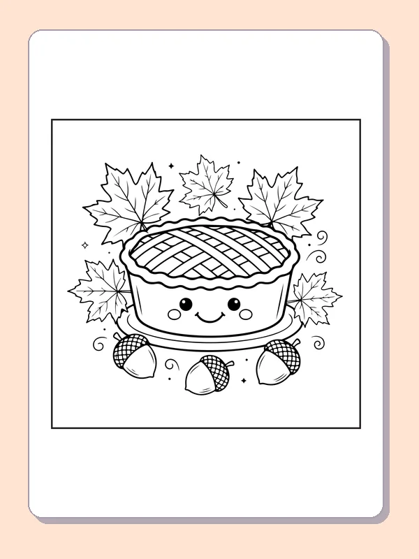 Autumn pie and leaves coloring page with black and white outlines for printing or coloring online