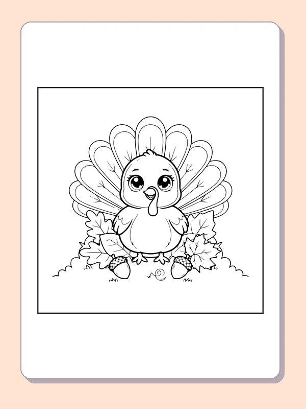 Baby turkey with leaves coloring page with black and white outlines for printing or coloring online