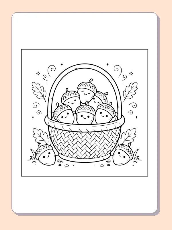 Basket of acorn friends coloring page with black and white outlines for printing or coloring online
