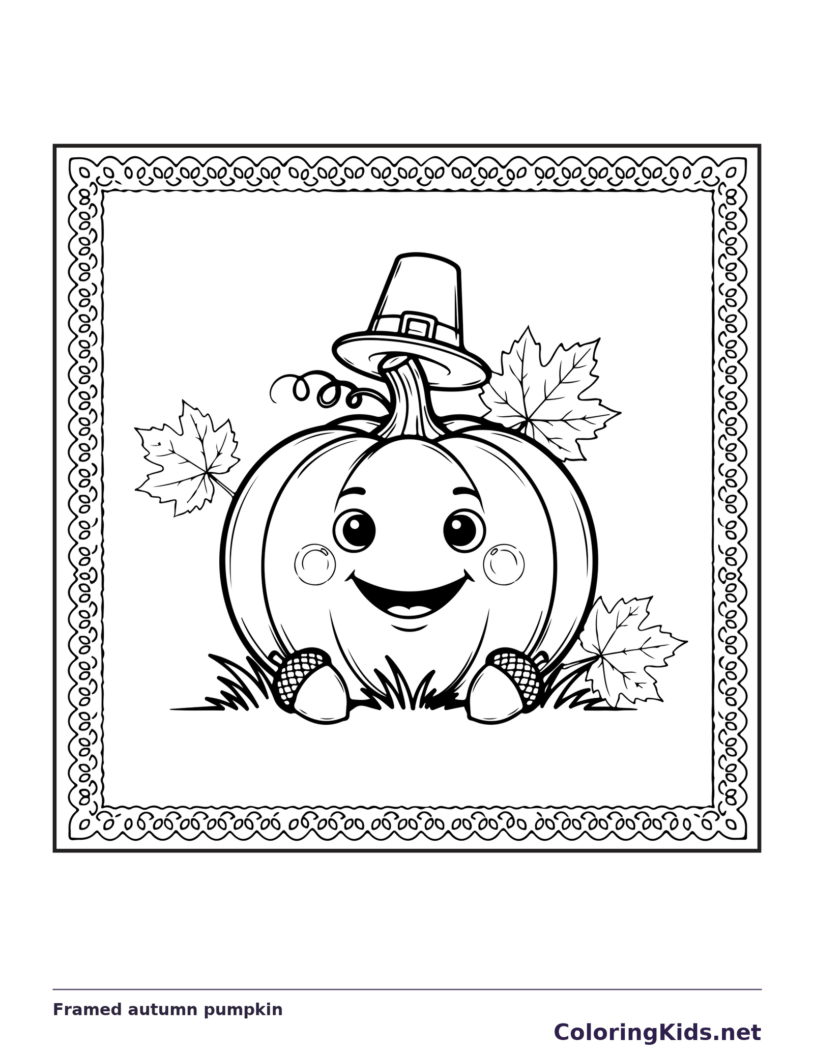 Framed autumn pumpkin coloring page with black and white outlines for printing or coloring online