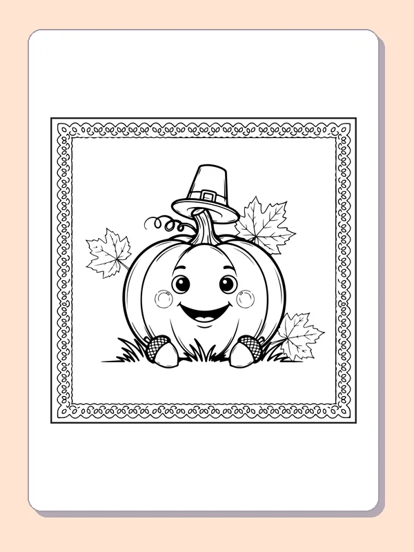 Framed autumn pumpkin coloring page with black and white outlines for printing or coloring online