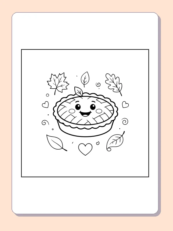Happy pie in fall coloring page with black and white outlines for printing or coloring online