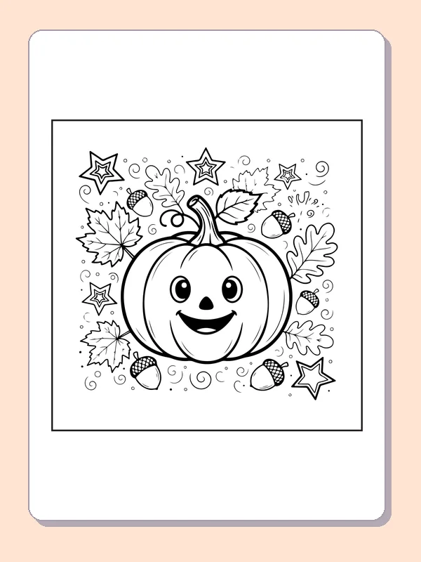 Happy pumpkin in falling leaves coloring page with black and white outlines for printing or coloring online