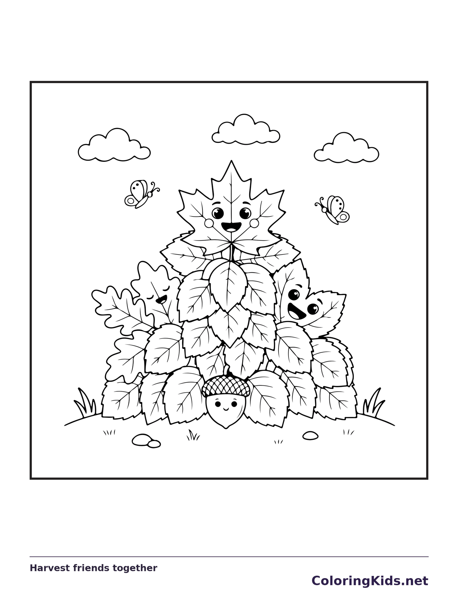 Harvest friends together coloring page with black and white outlines for printing or coloring online