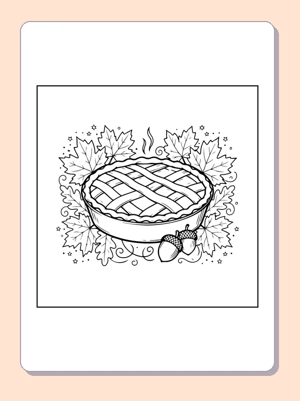 Harvest pie with leaves coloring page with black and white outlines for printing or coloring online