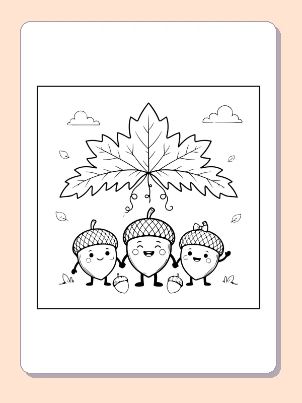 Leaf with acorn friends coloring page with black and white outlines for printing or coloring online