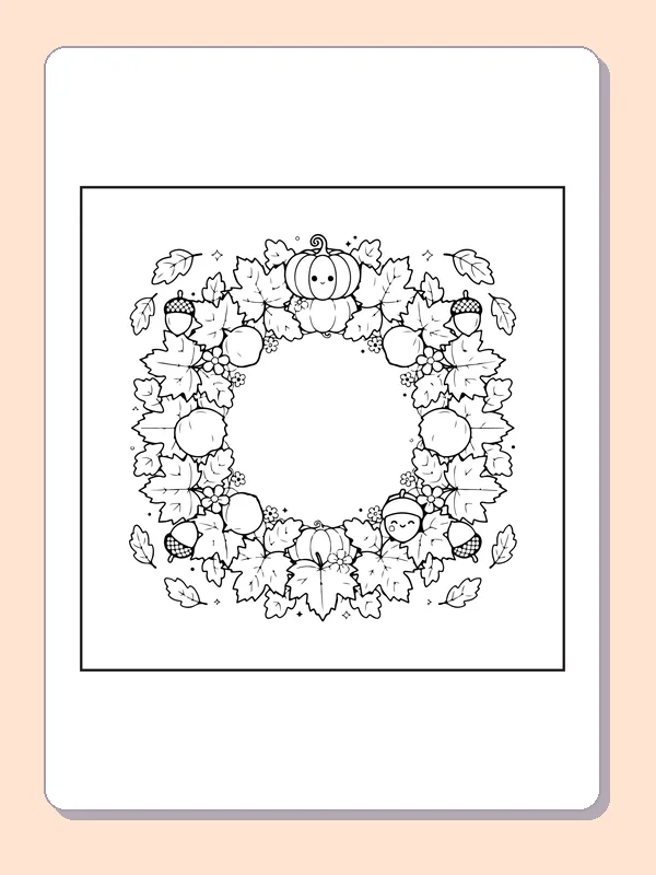 Leafy Thanksgiving frame coloring page with black and white outlines for printing or coloring online