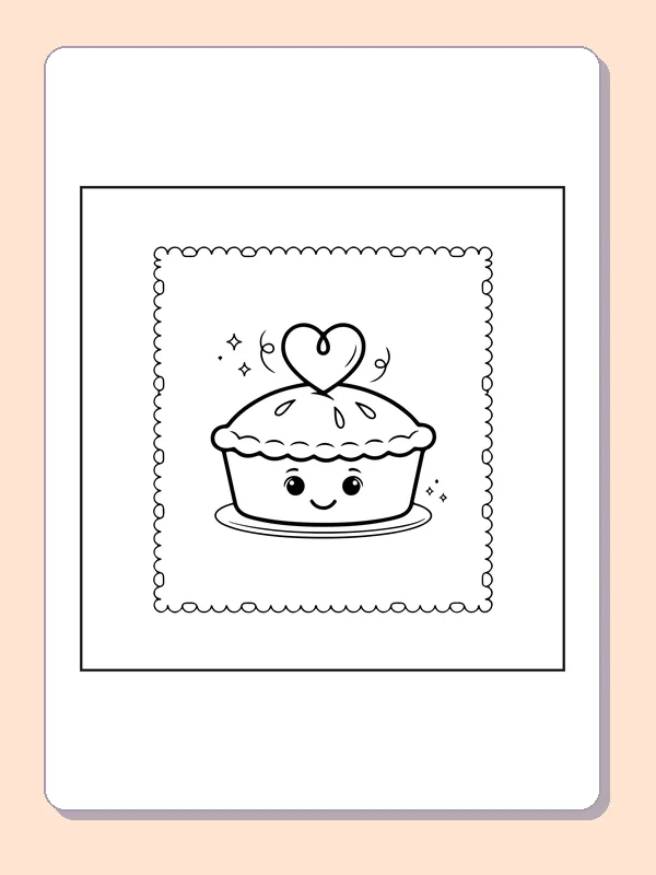 Little pie in a frame coloring page with black and white outlines for printing or coloring online