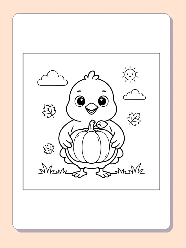 Little turkey with pumpkin coloring page with black and white outlines for printing or coloring online