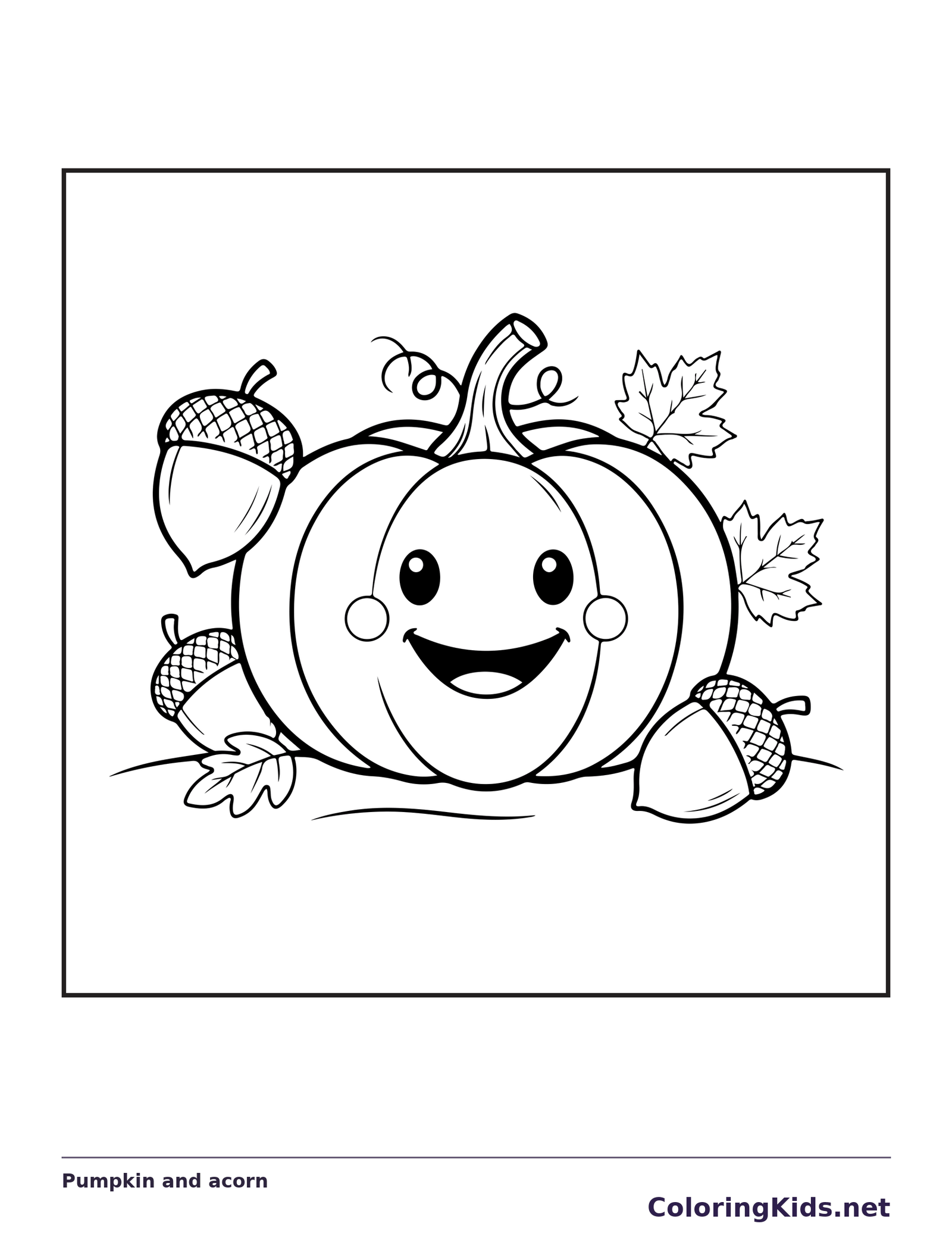 Pumpkin and acorn coloring page with black and white outlines for printing or coloring online