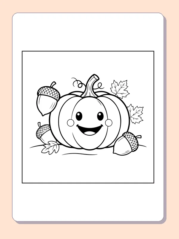 Pumpkin and acorn coloring page with black and white outlines for printing or coloring online