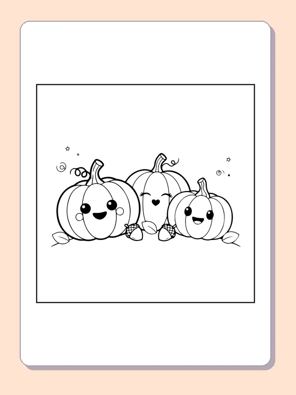 Pumpkin with autumn leaves coloring page with black and white outlines for printing or coloring online