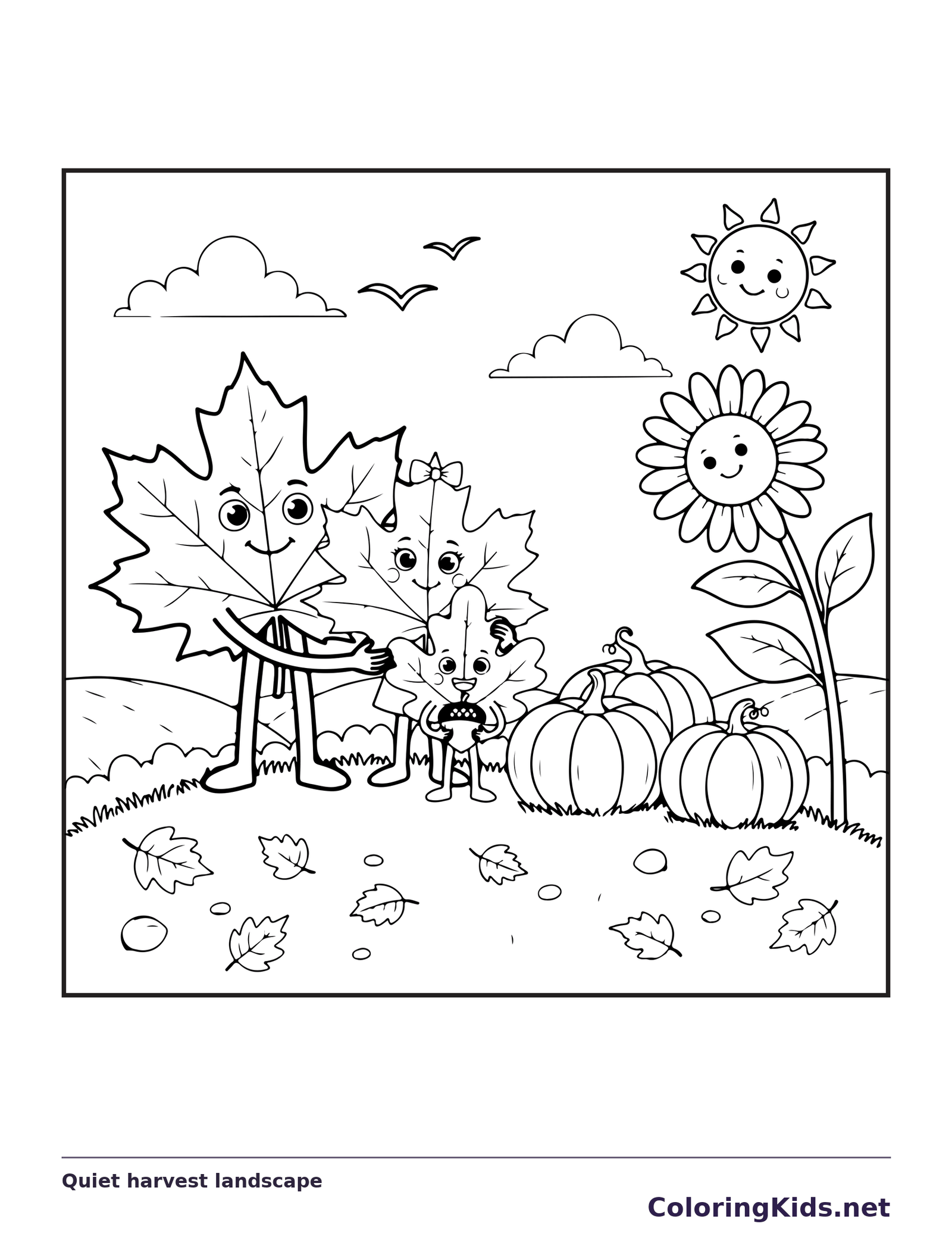 Quiet harvest landscape coloring page with black and white outlines for printing or coloring online