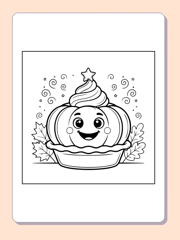 Smiling pie with cream coloring page with black and white outlines for printing or coloring online