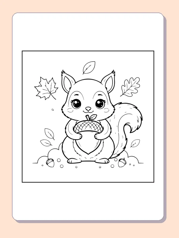 Squirrel with autumn acorn coloring page with black and white outlines for printing or coloring online