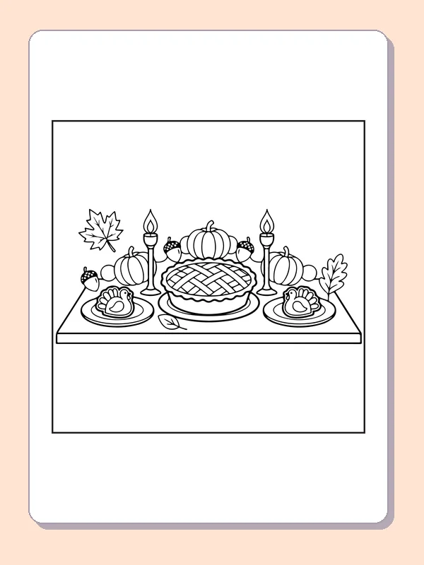 Thanksgiving dinner table coloring page with black and white outlines for printing or coloring online