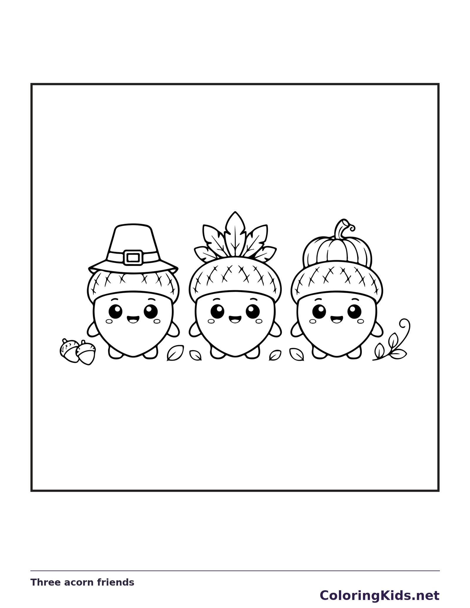 Three acorn friends coloring page with black and white outlines for printing or coloring online