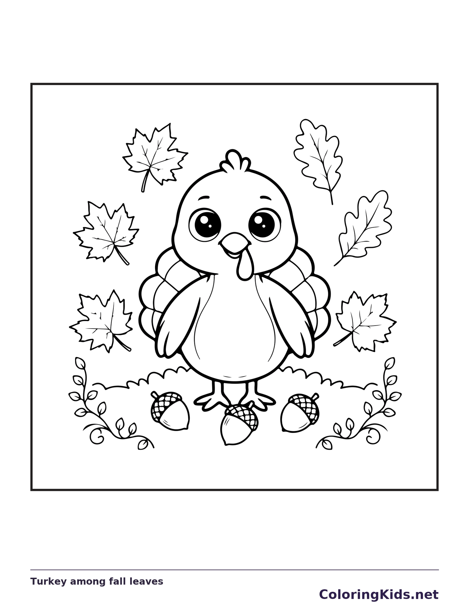 Turkey among fall leaves coloring page with black and white outlines for printing or coloring online