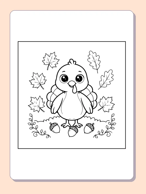 Turkey among fall leaves coloring page with black and white outlines for printing or coloring online