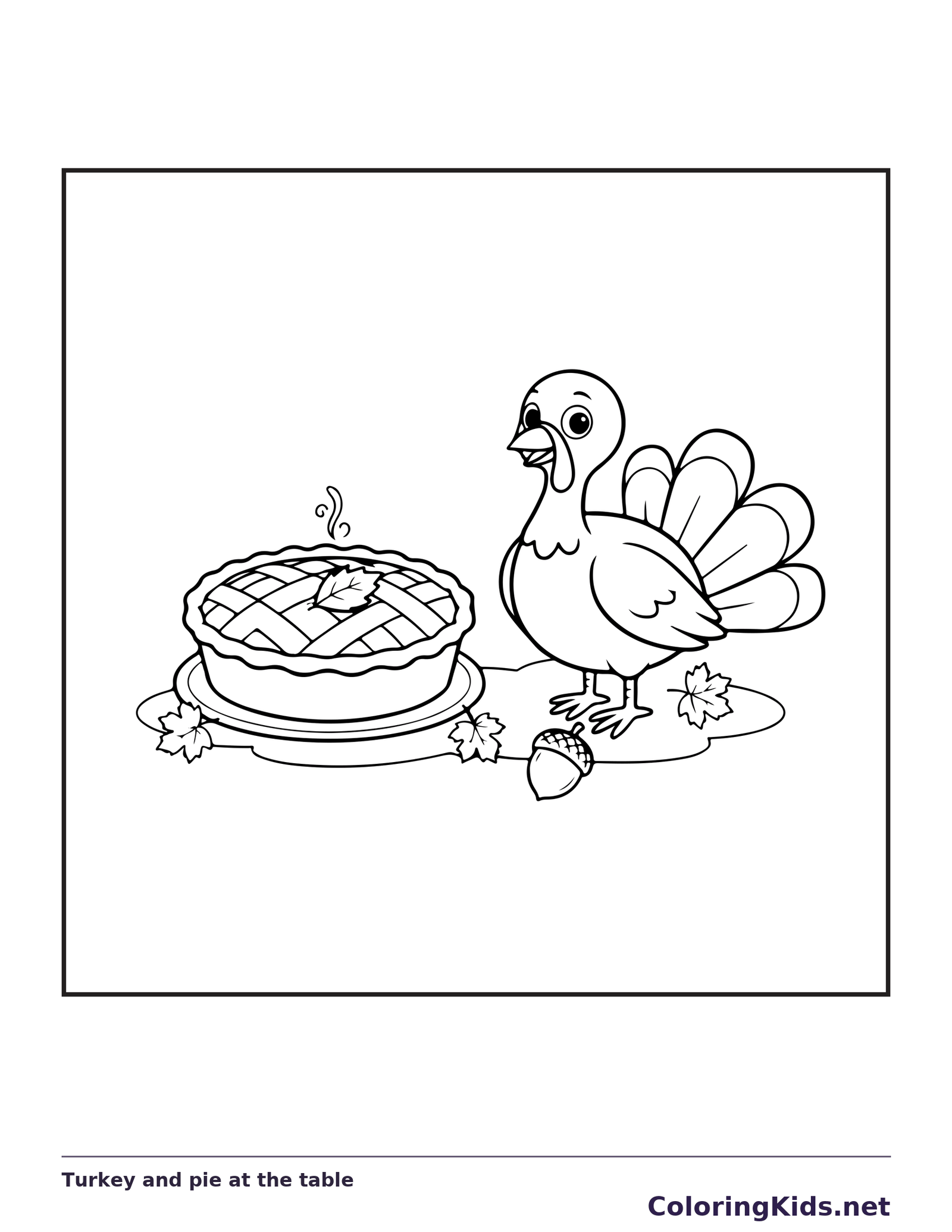 Turkey and pie at the table coloring page with black and white outlines for printing or coloring online