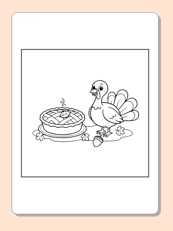 Turkey and pie at the table coloring page with black and white outlines for printing or coloring online