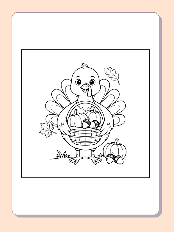 Turkey carrying harvest basket coloring page with black and white outlines for printing or coloring online