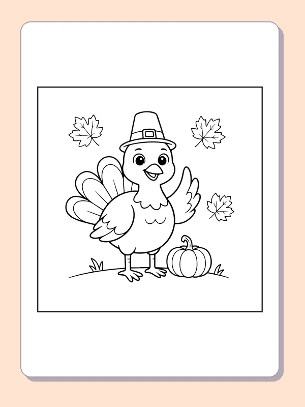 Turkey in a pilgrim hat coloring page with black and white outlines for printing or coloring online