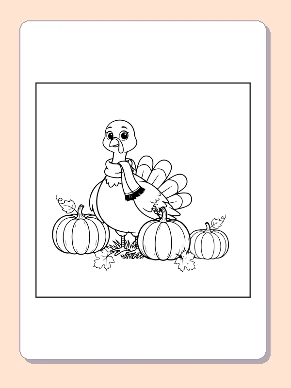 Turkey in pumpkin patch coloring page with black and white outlines for printing or coloring online