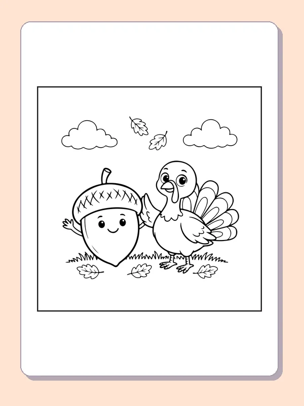 Turkey with acorn friend coloring page with black and white outlines for printing or coloring online