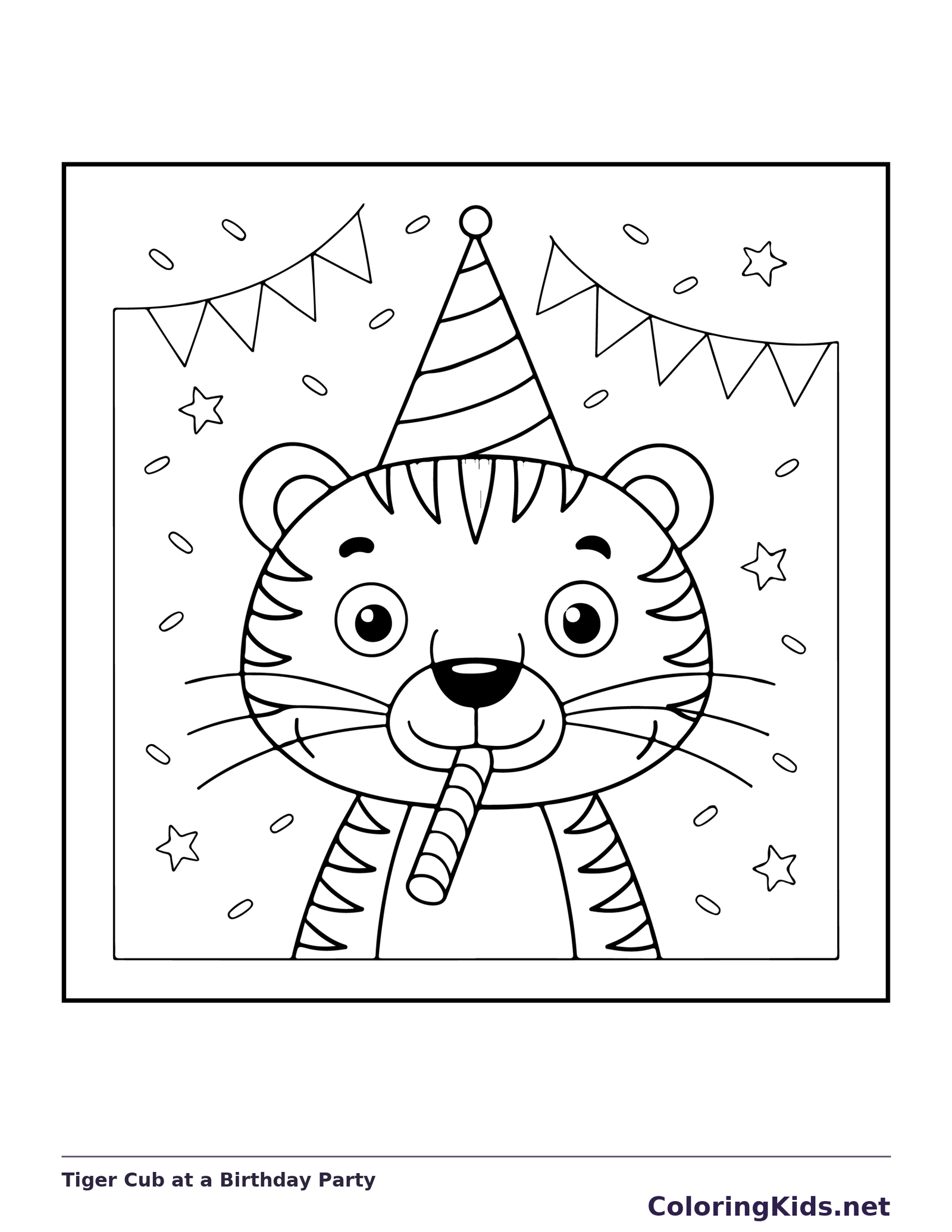 Tiger cub blowing a party horn under bunting