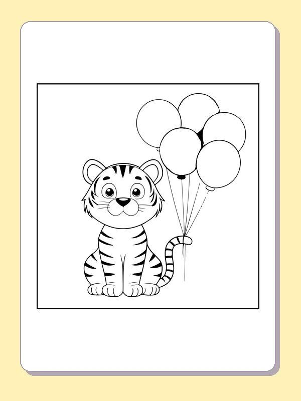 Tiger cub holding a bunch of large balloons