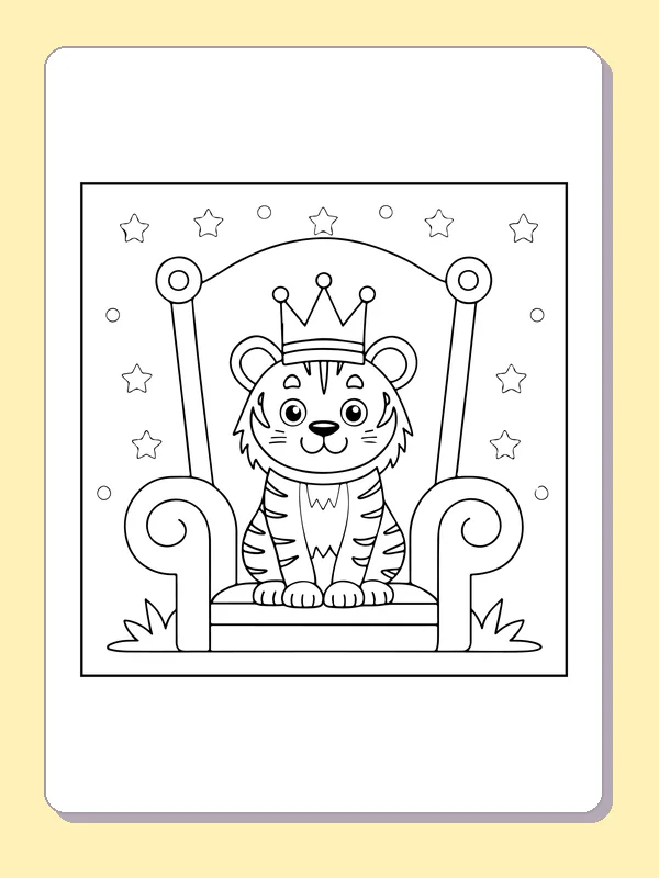 Crowned tiger cub seated on a curved throne