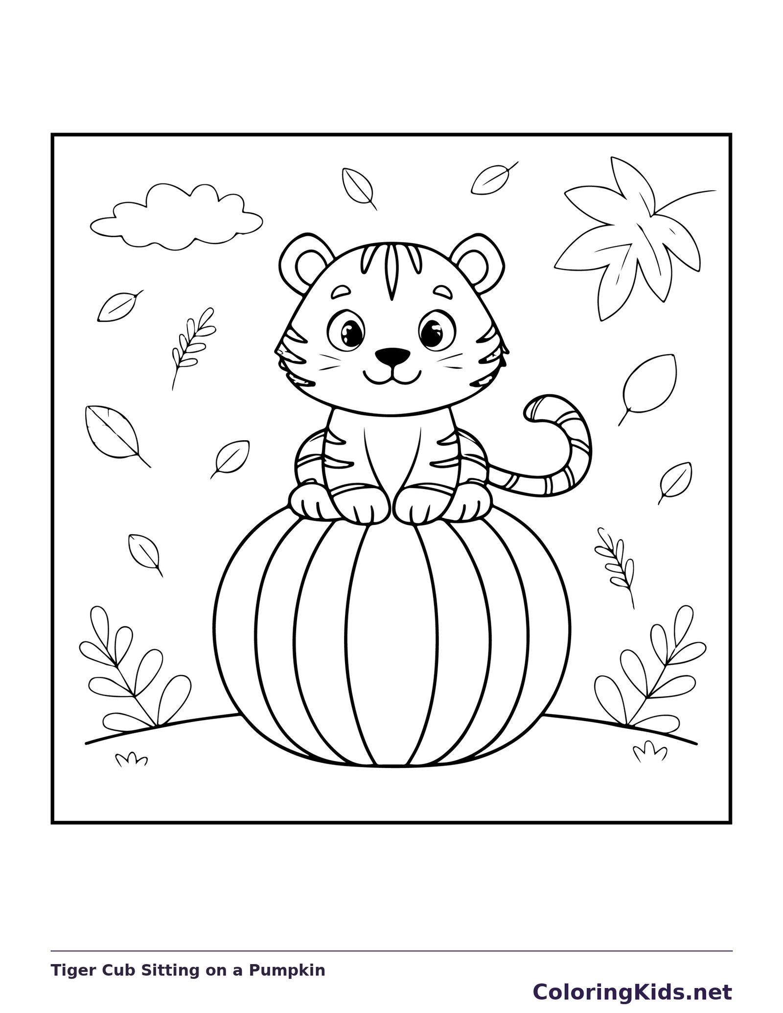 Tiger cub sitting on a pumpkin among falling leaves