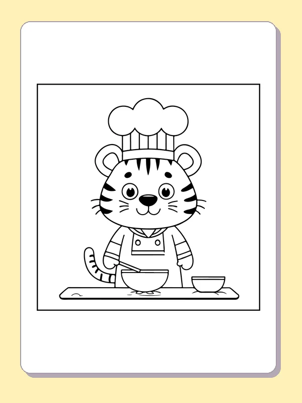 Tiger cub wearing a chef hat behind two bowls