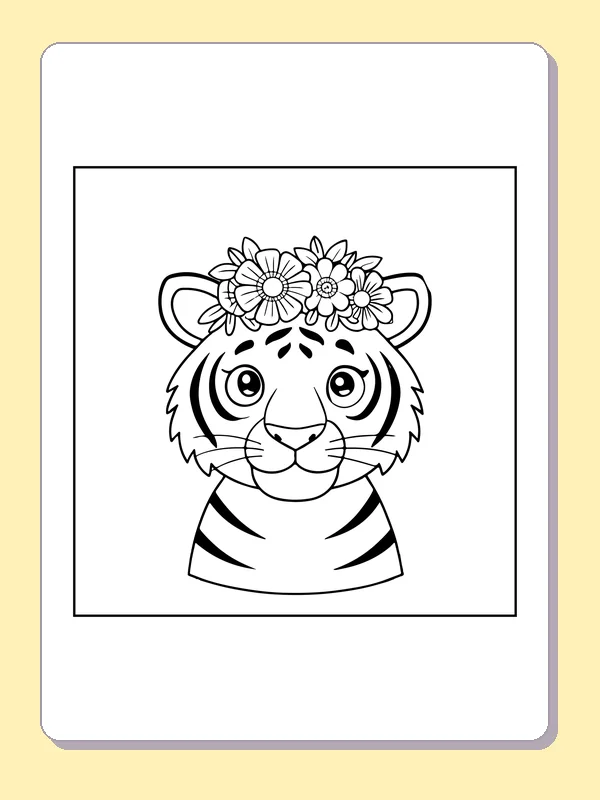 Tiger face wearing a crown of daisies