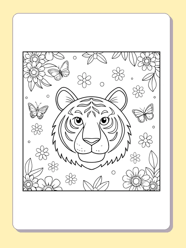 Wild tiger face framed by flowers and butterflies