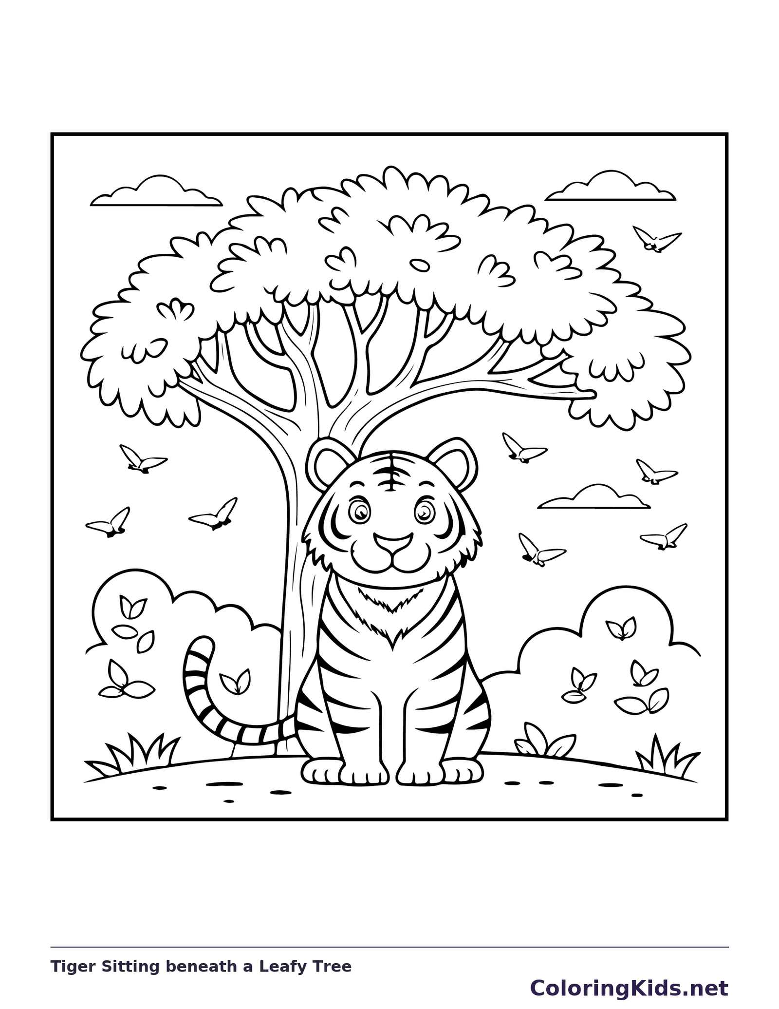 Seated tiger under a leafy tree with small birds
