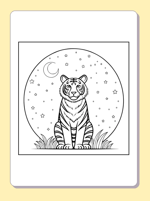 Wild tiger seated in a moonlit circle of stars