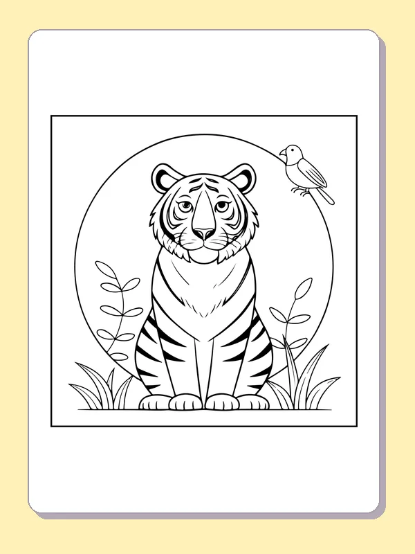 Seated wild tiger with bird and plants in a round frame