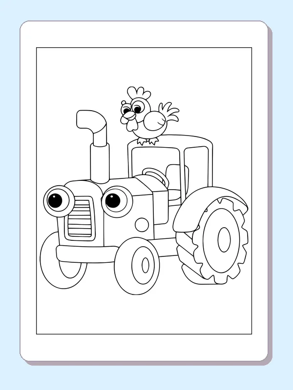 Black and white printable chicken riding a tractor coloring sheet