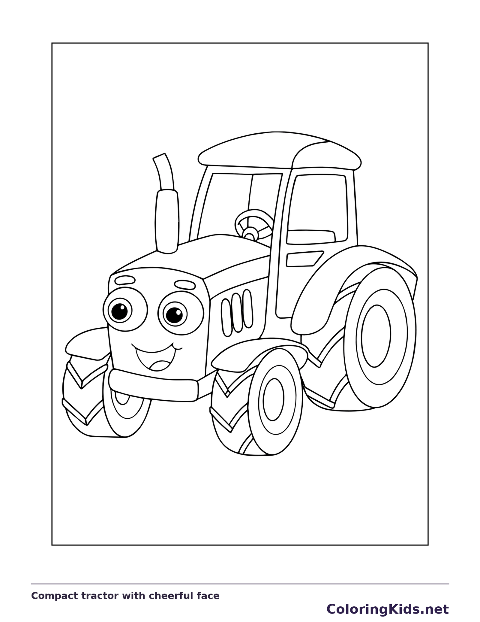 Black and white printable compact tractor with cheerful face coloring sheet