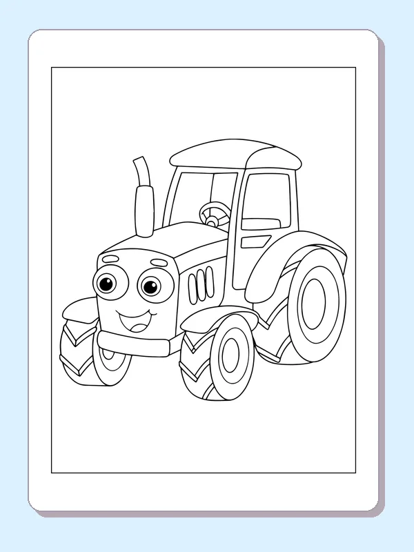 Black and white printable compact tractor with cheerful face coloring sheet