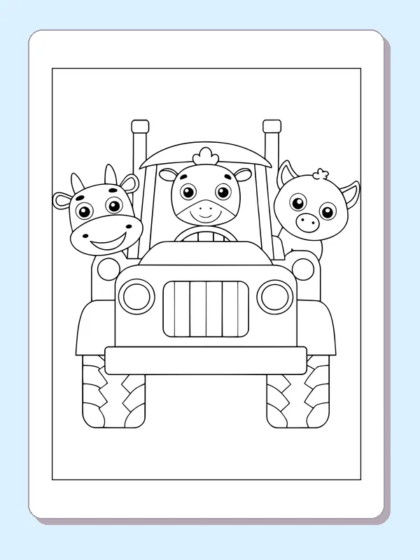 Black and white printable farm animal friends in a tractor coloring sheet