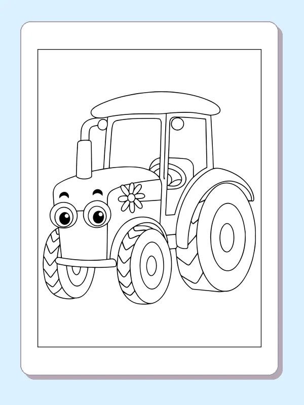 Black and white printable flower-decorated tractor coloring sheet